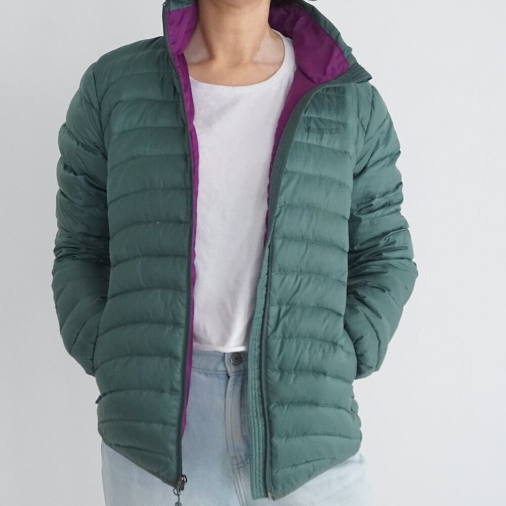 Marmot Green Lightweight Puffer Jacket Purple Lining Zip Outdoor Packable S